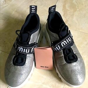MIU MIU SILVER GLITTERY SNEAKERS Sz 7 $625 ITALY